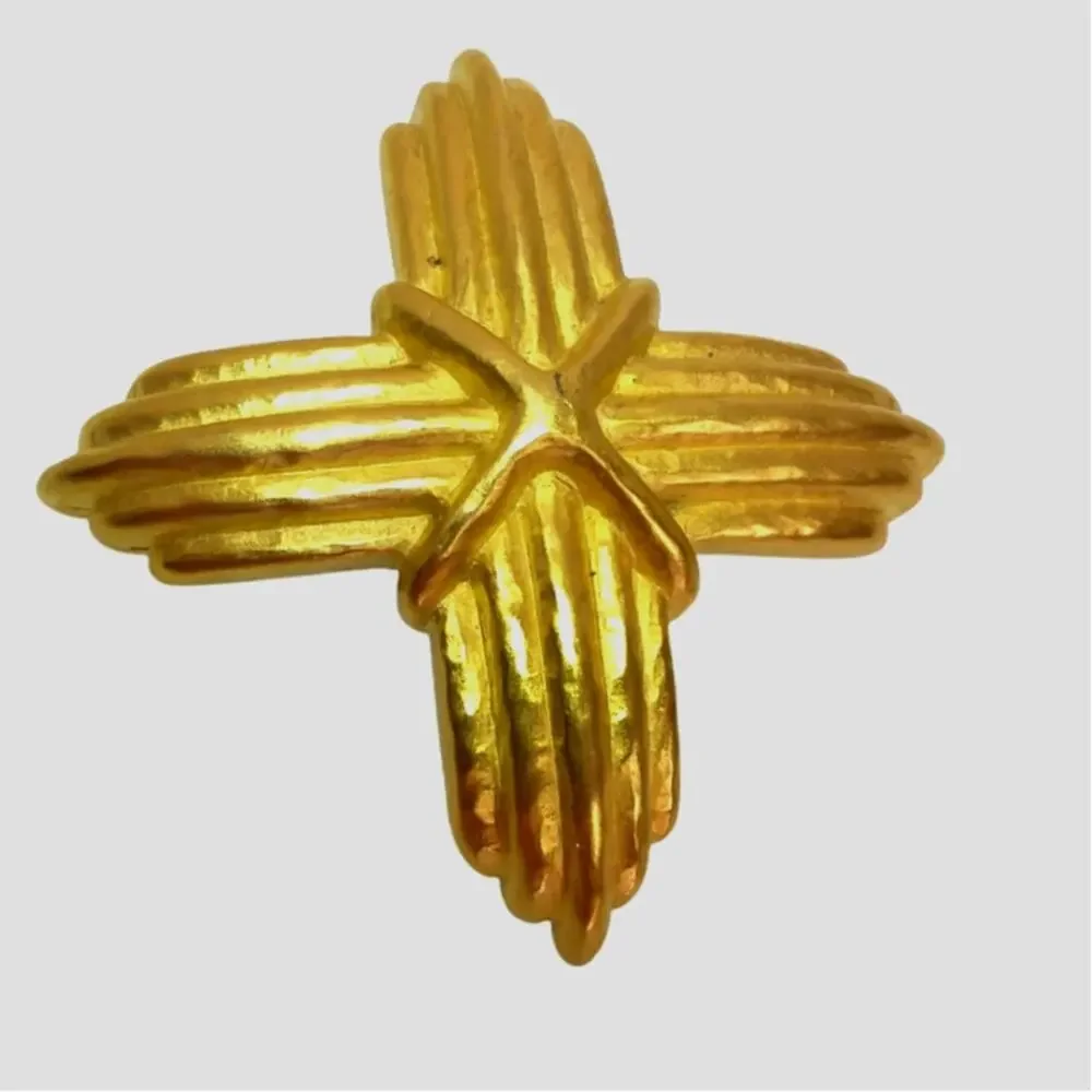 Vintage Givenchy 1980s Gold Hammered Cross Brooch Pin 4G Signed Statement READ